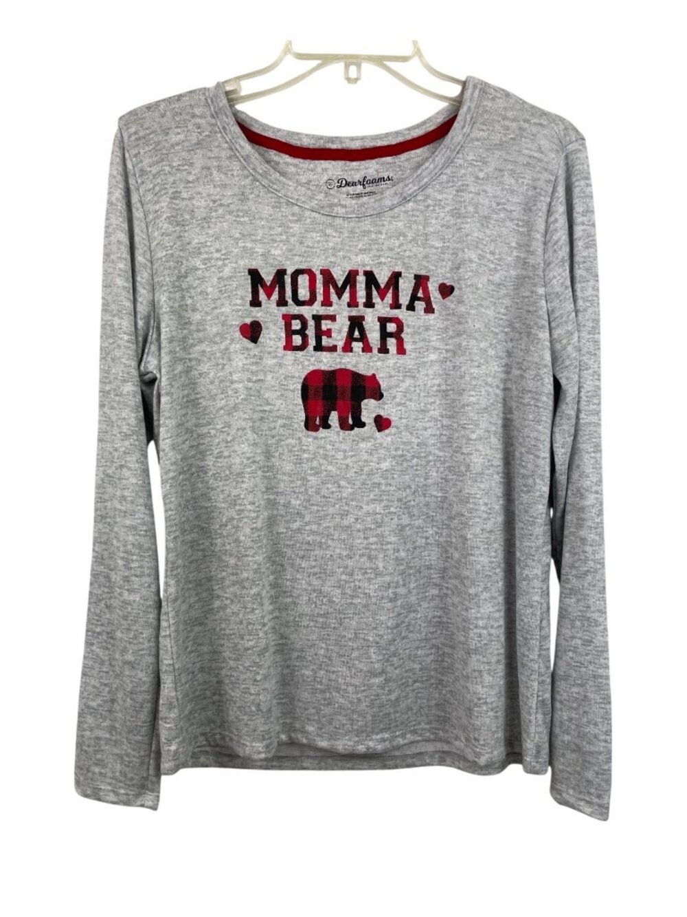 Dearfoams Momma Bear Long Sleeve Gray Top With Buffalo Plaid Accents Size M